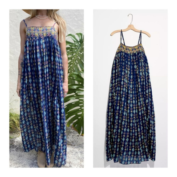 FREE PEOPLE ON MY OWN‎ MAXI SLIP DRESS BLUE - Picture 1 of 2